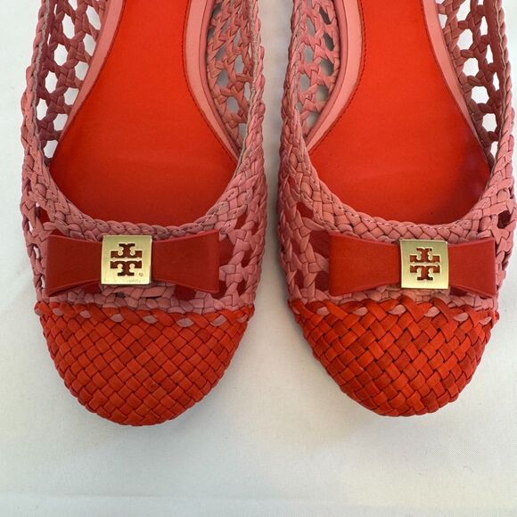 Tory Burch Pink and Orange Leather Woven Carlyle Ballerina Flats Size 8.5 - Picture 4 of 7